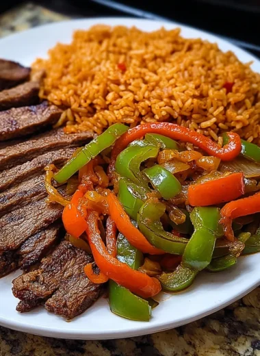 Delicious Steak Fajita Plate With Seasoned Rice Recipe