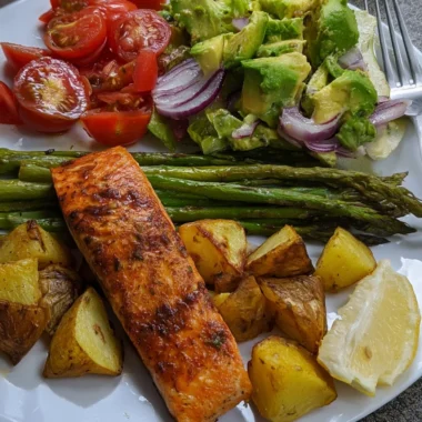 Garlic Herb Salmon Plate with Roasted Potatoes and Avocado Salad Recipe