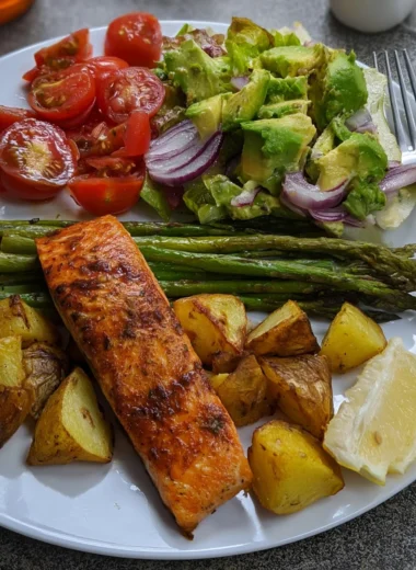 Garlic Herb Salmon Plate with Roasted Potatoes and Avocado Salad Recipe