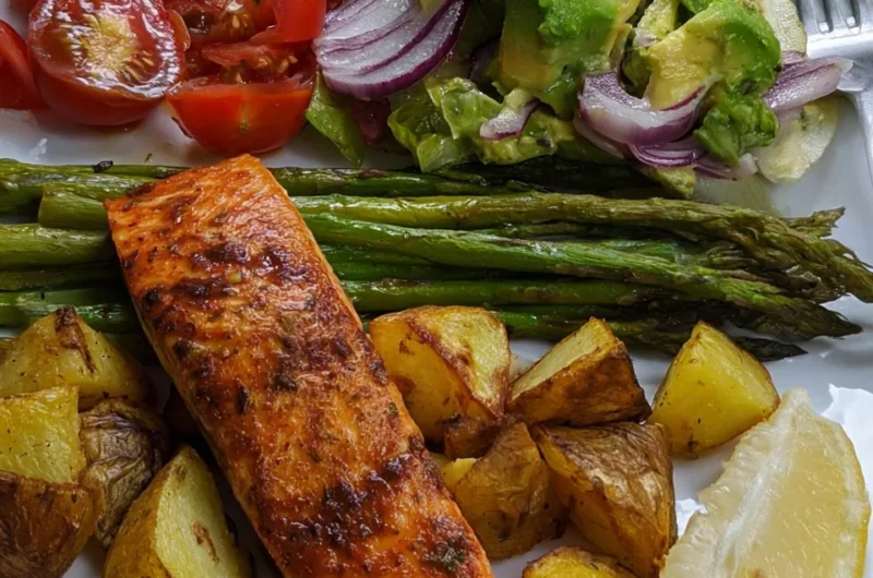 Garlic Herb Salmon Plate with Roasted Potatoes and Avocado Salad Recipe