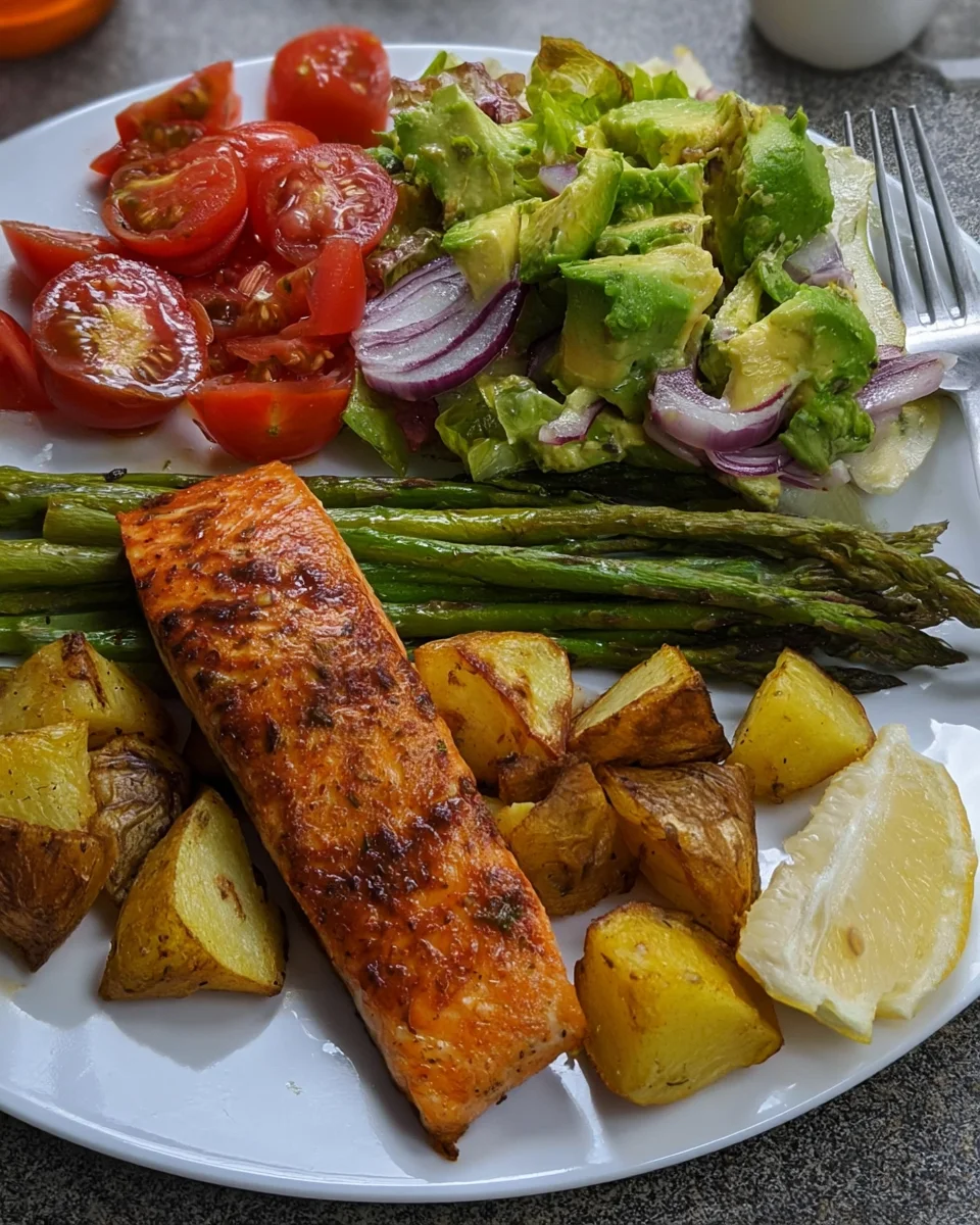 Garlic Herb Salmon Plate with Roasted Potatoes and Avocado Salad Recipe