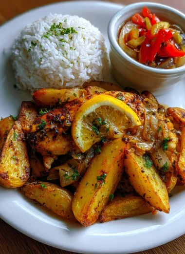 Ultimate Lemon-Garlic Chicken Recipe with Rice and Crispy Potato Wedges