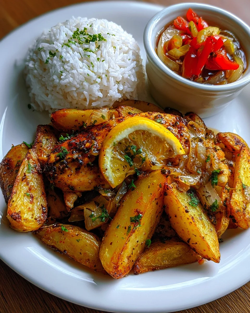 Ultimate Lemon-Garlic Chicken Recipe with Rice and Crispy Potato Wedges