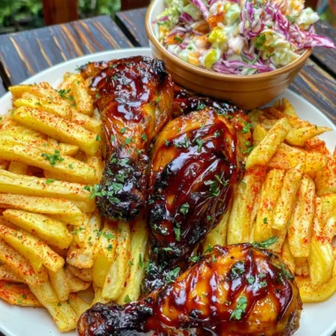 Ultimate Sticky BBQ Chicken Drumsticks Recipe with Paprika Fries and Creamy Coleslaw!
