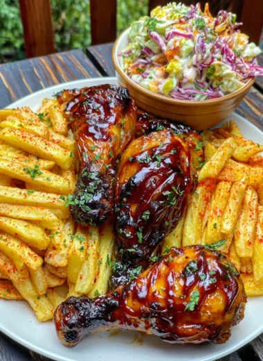 Ultimate Sticky BBQ Chicken Drumsticks Recipe with Paprika Fries and Creamy Coleslaw!