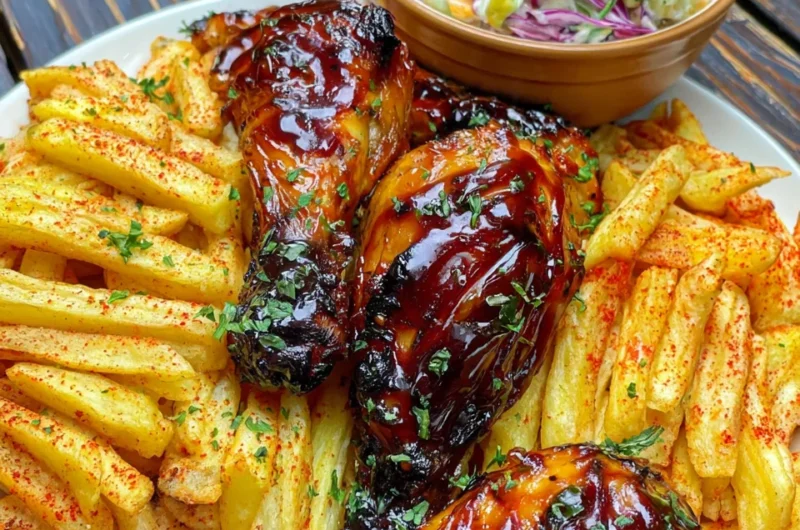 Ultimate Sticky BBQ Chicken Drumsticks Recipe with Paprika Fries and Creamy Coleslaw!
