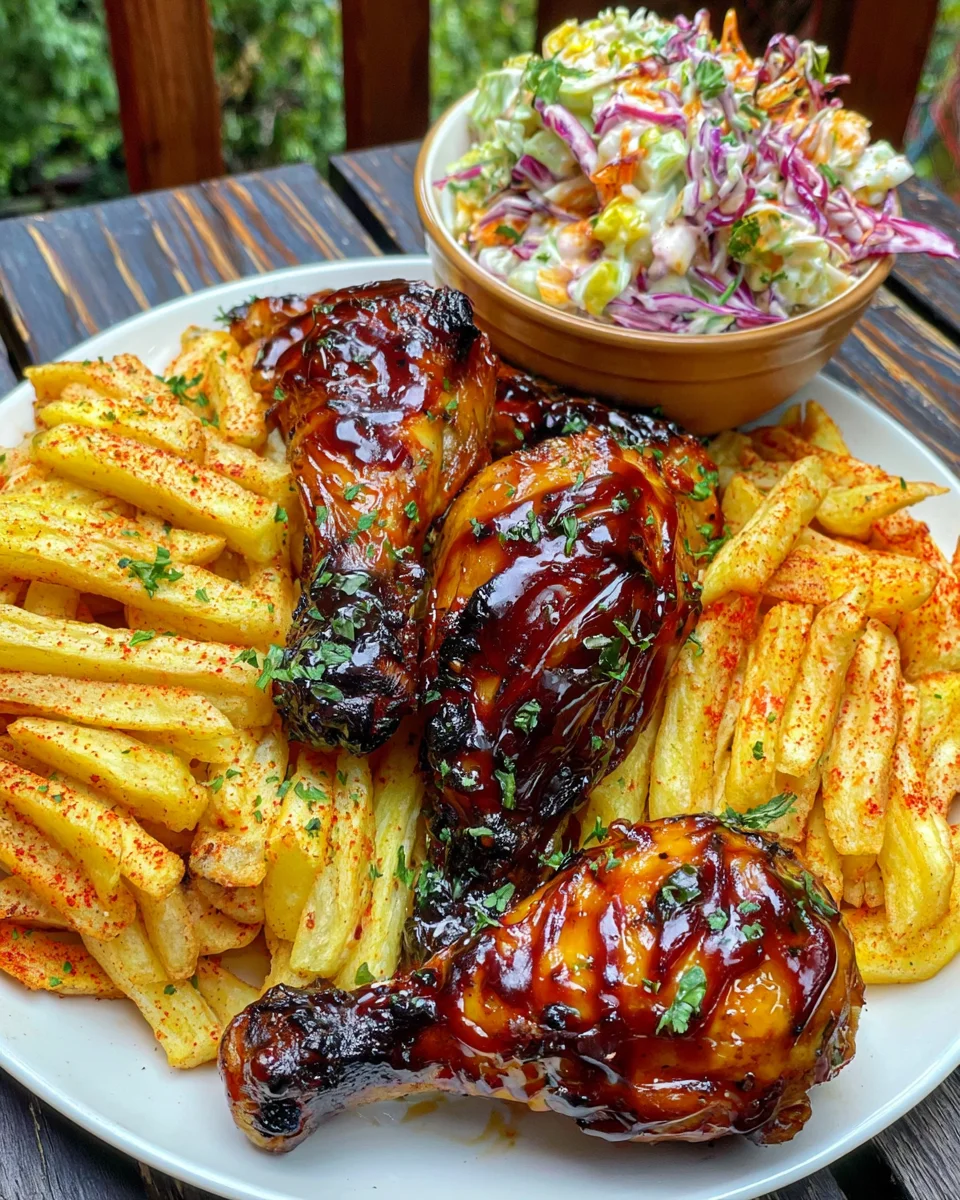 Ultimate Sticky BBQ Chicken Drumsticks Recipe with Paprika Fries and Creamy Coleslaw!